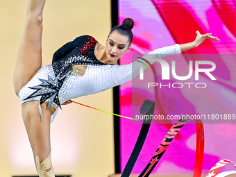 Alina Harnasko of Belarus competes in the Ribbon final of the International Rhythmic Gymnastics Tournament ''Sky Grace 2024'' at Aspire Zone...