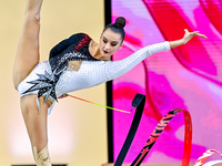 Alina Harnasko of Belarus competes in the Ribbon final of the International Rhythmic Gymnastics Tournament ''Sky Grace 2024'' at Aspire Zone...