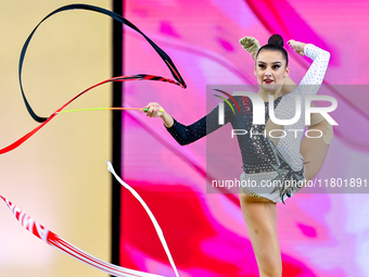 Alina Harnasko of Belarus competes in the Ribbon final of the International Rhythmic Gymnastics Tournament ''Sky Grace 2024'' at Aspire Zone...