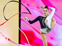 Alina Harnasko of Belarus competes in the Ribbon final of the International Rhythmic Gymnastics Tournament ''Sky Grace 2024'' at Aspire Zone...