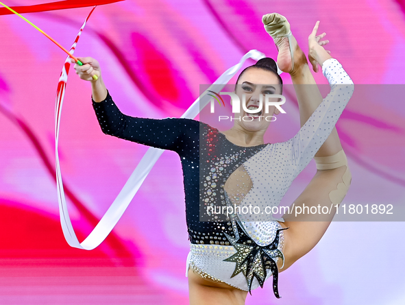 Alina Harnasko of Belarus competes in the Ribbon final of the International Rhythmic Gymnastics Tournament ''Sky Grace 2024'' at Aspire Zone...