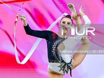 Alina Harnasko of Belarus competes in the Ribbon final of the International Rhythmic Gymnastics Tournament ''Sky Grace 2024'' at Aspire Zone...