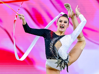 Alina Harnasko of Belarus competes in the Ribbon final of the International Rhythmic Gymnastics Tournament ''Sky Grace 2024'' at Aspire Zone...