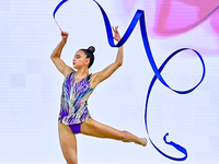 Marina Malpica of Mexico competes in the Ribbon final of the International Rhythmic Gymnastics Tournament ''Sky Grace 2024'' at Aspire Zone...