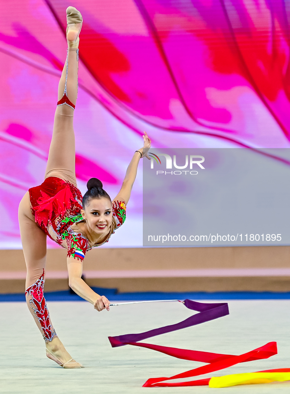 Mariia Borisova of Russia competes in the Ribbon final of the International Rhythmic Gymnastics Tournament ''Sky Grace 2024'' at Aspire Zone...