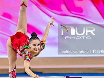 Mariia Borisova of Russia competes in the Ribbon final of the International Rhythmic Gymnastics Tournament ''Sky Grace 2024'' at Aspire Zone...