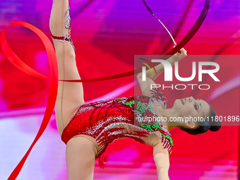 Mariia Borisova of Russia competes in the Ribbon final of the International Rhythmic Gymnastics Tournament ''Sky Grace 2024'' at Aspire Zone...