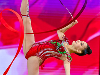 Mariia Borisova of Russia competes in the Ribbon final of the International Rhythmic Gymnastics Tournament ''Sky Grace 2024'' at Aspire Zone...