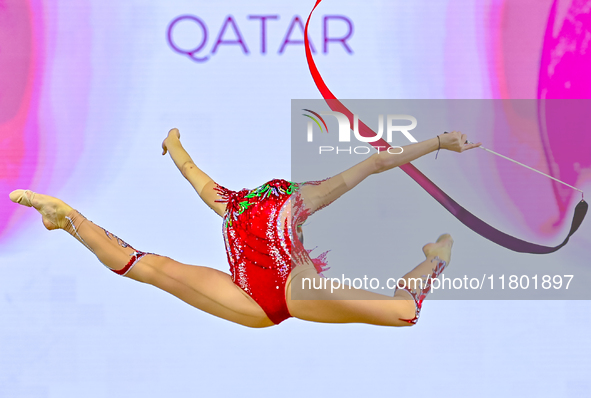 Mariia Borisova of Russia competes in the Ribbon final of the International Rhythmic Gymnastics Tournament ''Sky Grace 2024'' at Aspire Zone...