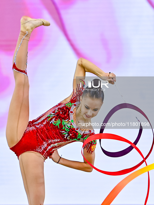 Mariia Borisova of Russia competes in the Ribbon final of the International Rhythmic Gymnastics Tournament ''Sky Grace 2024'' at Aspire Zone...