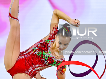 Mariia Borisova of Russia competes in the Ribbon final of the International Rhythmic Gymnastics Tournament ''Sky Grace 2024'' at Aspire Zone...