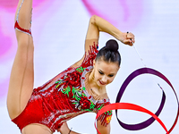 Mariia Borisova of Russia competes in the Ribbon final of the International Rhythmic Gymnastics Tournament ''Sky Grace 2024'' at Aspire Zone...