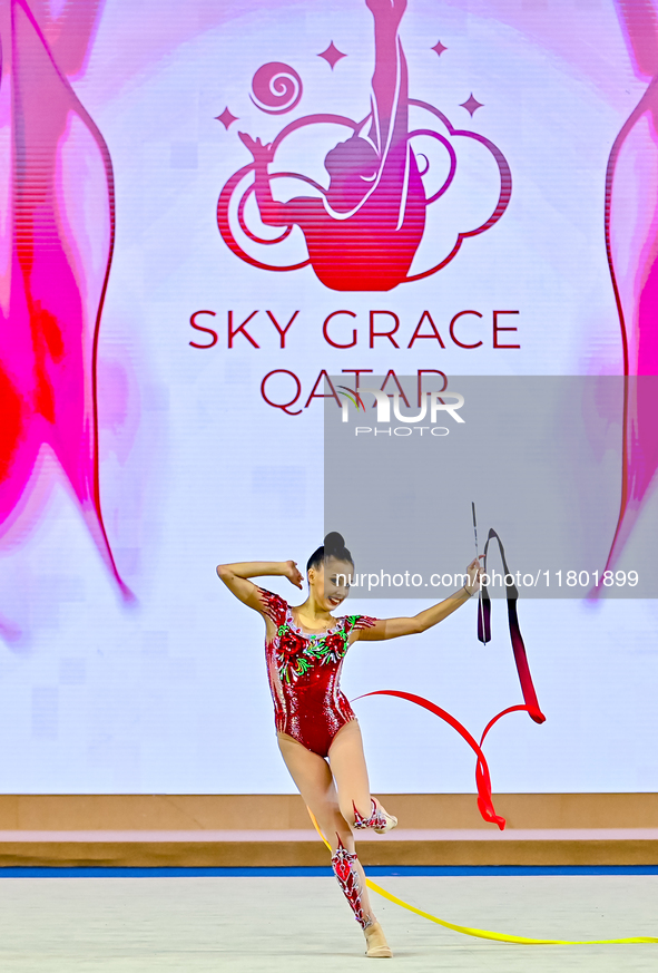 Mariia Borisova of Russia competes in the Ribbon final of the International Rhythmic Gymnastics Tournament ''Sky Grace 2024'' at Aspire Zone...