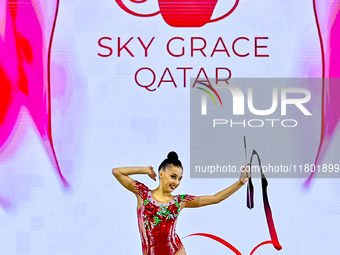 Mariia Borisova of Russia competes in the Ribbon final of the International Rhythmic Gymnastics Tournament ''Sky Grace 2024'' at Aspire Zone...