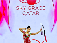 Mariia Borisova of Russia competes in the Ribbon final of the International Rhythmic Gymnastics Tournament ''Sky Grace 2024'' at Aspire Zone...