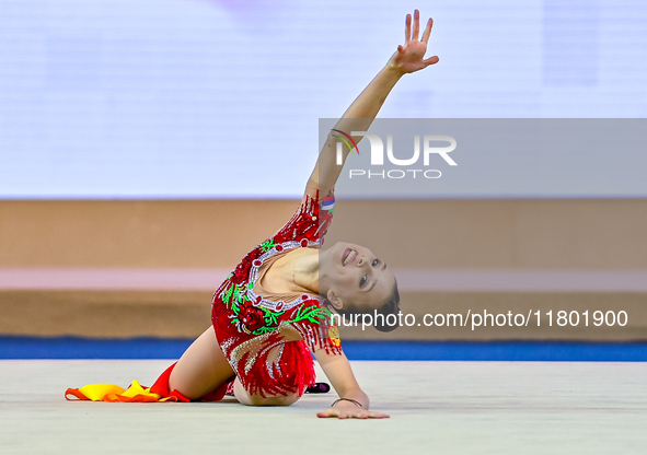 Mariia Borisova of Russia competes in the Ribbon final of the International Rhythmic Gymnastics Tournament ''Sky Grace 2024'' at Aspire Zone...