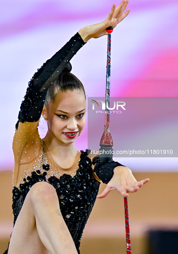 Anna Kondrashina of Belarus competes in the Clubs final of the International Rhythmic Gymnastics Tournament ''Sky Grace 2024'' at Aspire Zon...