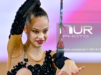 Anna Kondrashina of Belarus competes in the Clubs final of the International Rhythmic Gymnastics Tournament ''Sky Grace 2024'' at Aspire Zon...