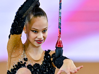 Anna Kondrashina of Belarus competes in the Clubs final of the International Rhythmic Gymnastics Tournament ''Sky Grace 2024'' at Aspire Zon...