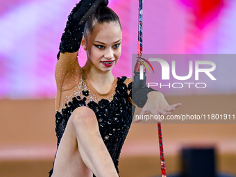 Anna Kondrashina of Belarus competes in the Clubs final of the International Rhythmic Gymnastics Tournament ''Sky Grace 2024'' at Aspire Zon...