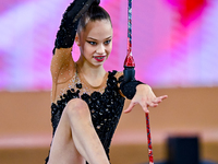 Anna Kondrashina of Belarus competes in the Clubs final of the International Rhythmic Gymnastics Tournament ''Sky Grace 2024'' at Aspire Zon...