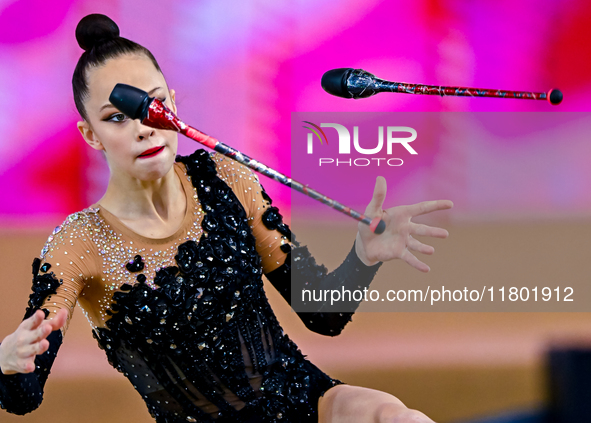 Anna Kondrashina of Belarus competes in the Clubs final of the International Rhythmic Gymnastics Tournament ''Sky Grace 2024'' at Aspire Zon...