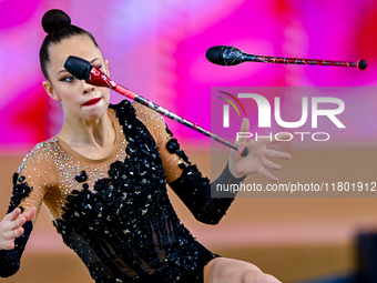 Anna Kondrashina of Belarus competes in the Clubs final of the International Rhythmic Gymnastics Tournament ''Sky Grace 2024'' at Aspire Zon...