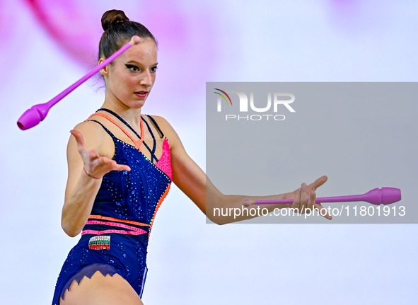 Antonia Marinova of Bulgaria competes in the Clubs final of the International Rhythmic Gymnastics Tournament ''Sky Grace 2024'' at Aspire Zo...