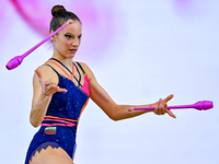 Antonia Marinova of Bulgaria competes in the Clubs final of the International Rhythmic Gymnastics Tournament ''Sky Grace 2024'' at Aspire Zo...