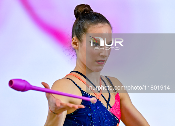 Antonia Marinova of Bulgaria competes in the Clubs final of the International Rhythmic Gymnastics Tournament ''Sky Grace 2024'' at Aspire Zo...