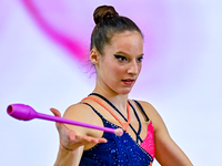 Antonia Marinova of Bulgaria competes in the Clubs final of the International Rhythmic Gymnastics Tournament ''Sky Grace 2024'' at Aspire Zo...