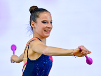 Antonia Marinova of Bulgaria competes in the Clubs final of the International Rhythmic Gymnastics Tournament ''Sky Grace 2024'' at Aspire Zo...