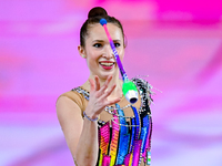 Takhmina Ikromova of Uzbekistan competes in the Clubs final of the International Rhythmic Gymnastics Tournament ''Sky Grace 2024'' at Aspire...