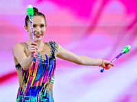 Takhmina Ikromova of Uzbekistan competes in the Clubs final of the International Rhythmic Gymnastics Tournament ''Sky Grace 2024'' at Aspire...