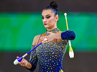 Alina Harnasko of Belarus competes in the Clubs final of the International Rhythmic Gymnastics Tournament ''Sky Grace 2024'' at Aspire Zone...