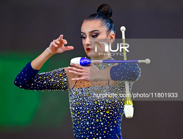 Alina Harnasko of Belarus competes in the Clubs final of the International Rhythmic Gymnastics Tournament ''Sky Grace 2024'' at Aspire Zone...