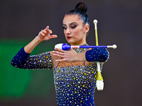 Alina Harnasko of Belarus competes in the Clubs final of the International Rhythmic Gymnastics Tournament ''Sky Grace 2024'' at Aspire Zone...