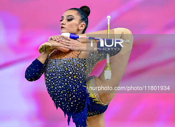 Alina Harnasko of Belarus competes in the Clubs final of the International Rhythmic Gymnastics Tournament ''Sky Grace 2024'' at Aspire Zone...