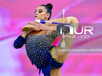 Alina Harnasko of Belarus competes in the Clubs final of the International Rhythmic Gymnastics Tournament ''Sky Grace 2024'' at Aspire Zone...