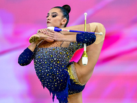 Alina Harnasko of Belarus competes in the Clubs final of the International Rhythmic Gymnastics Tournament ''Sky Grace 2024'' at Aspire Zone...