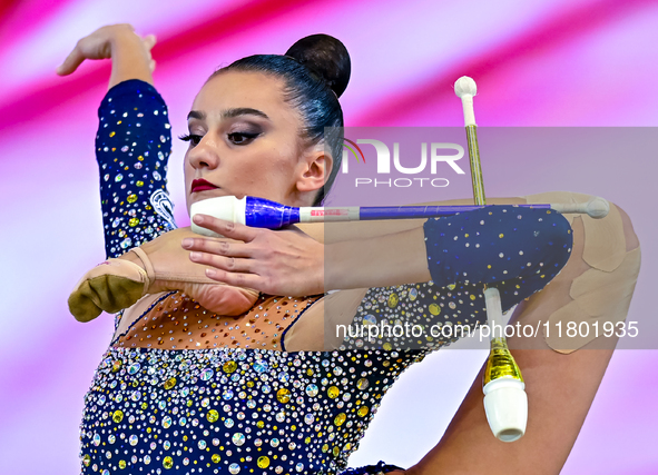 Alina Harnasko of Belarus competes in the Clubs final of the International Rhythmic Gymnastics Tournament ''Sky Grace 2024'' at Aspire Zone...