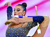 Alina Harnasko of Belarus competes in the Clubs final of the International Rhythmic Gymnastics Tournament ''Sky Grace 2024'' at Aspire Zone...