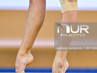 Alina Harnasko of Belarus competes in the Clubs final of the International Rhythmic Gymnastics Tournament ''Sky Grace 2024'' at Aspire Zone...