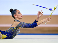 Alina Harnasko of Belarus competes in the Clubs final of the International Rhythmic Gymnastics Tournament ''Sky Grace 2024'' at Aspire Zone...