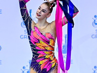 Daria Grokhotova of Belarus competes in the Ribbon final of the International Rhythmic Gymnastics Tournament ''Sky Grace 2024'' at Aspire Zo...