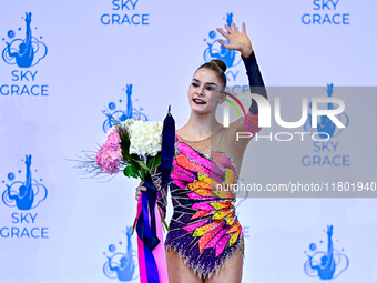 Daria Grokhotova of Belarus competes in the Ribbon final of the International Rhythmic Gymnastics Tournament ''Sky Grace 2024'' at Aspire Zo...