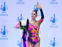 Daria Grokhotova of Belarus competes in the Ribbon final of the International Rhythmic Gymnastics Tournament ''Sky Grace 2024'' at Aspire Zo...