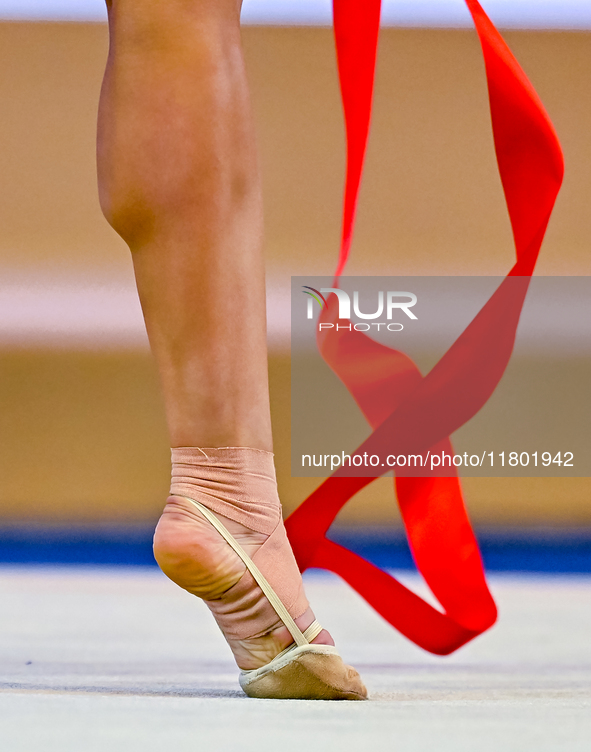 Vladislava Nikolaenko of Russia competes in the Ribbon final of the International Rhythmic Gymnastics Tournament ''Sky Grace 2024'' at Aspir...