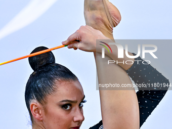 Alina Harnasko of Belarus competes in the Ribbon final of the International Rhythmic Gymnastics Tournament ''Sky Grace 2024'' at Aspire Zone...