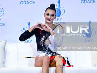 Alina Harnasko of Belarus competes in the Ribbon final of the International Rhythmic Gymnastics Tournament ''Sky Grace 2024'' at Aspire Zone...